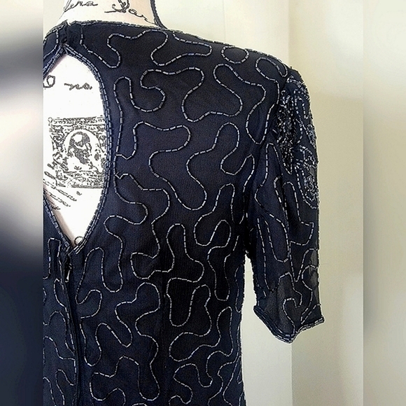 Vintage Allyson Whitmore Large Black Midi Dress 100% Silk Beaded Formal - Picture 4 of 14